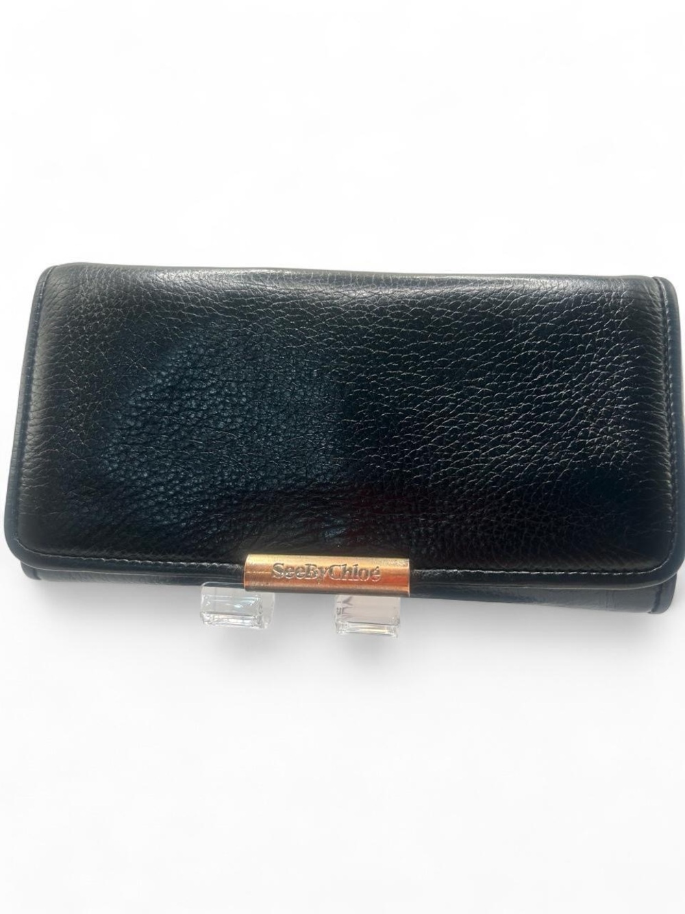 See by Chloé Black Pebbled Leather Continental Flap Wallet Gold Hardware